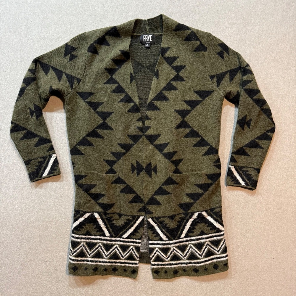 Frye Aztec Southwestern Open Front Aztec Knit Boho Cardigan Sweater Women M